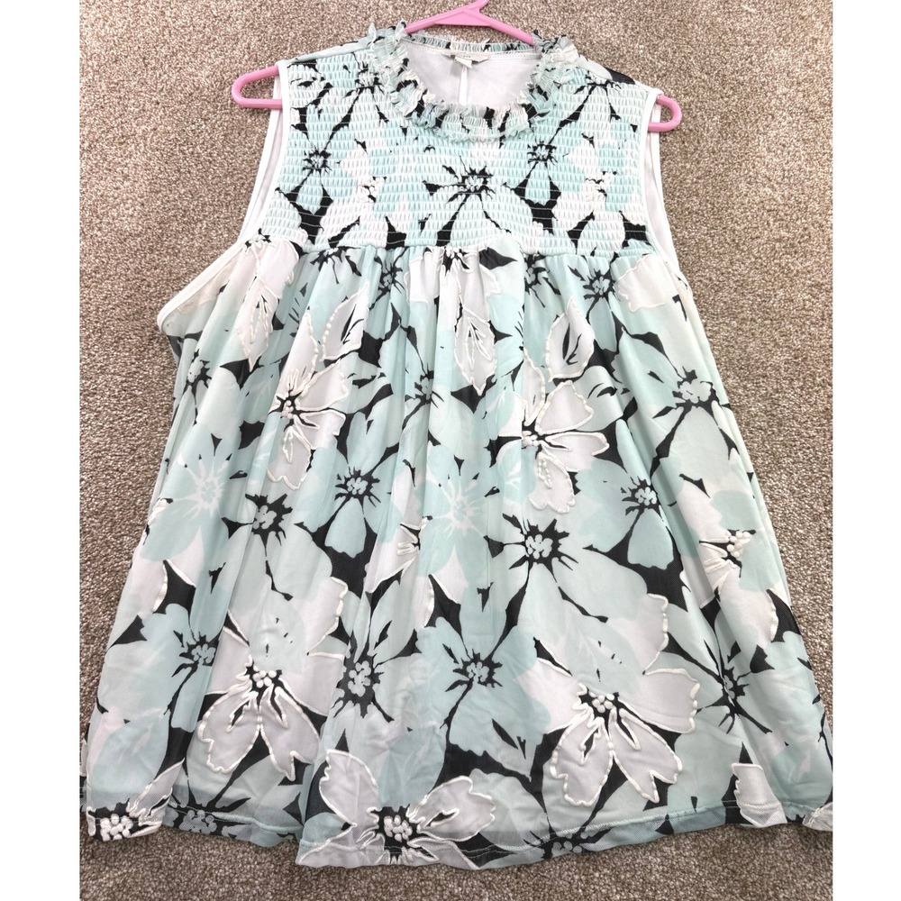 Catherines Mint Green Floral Smocked Mesh Sleeveless Blouse Top Womens 18 20W‎